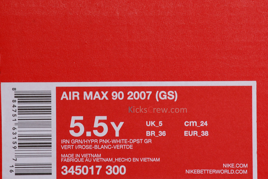 Nike Air Max 90 2007 GS Iron Green Hyper Pink 345017-300 KICKSOVER