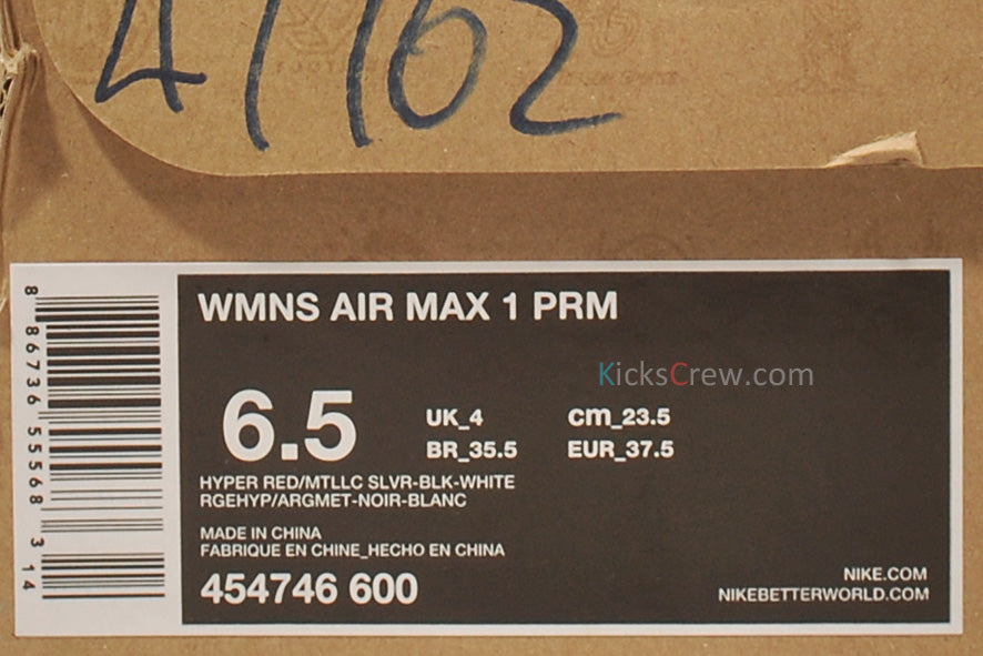 Nike Womens Air Max 1 PRM Hyper Red Silver 454746-600 KICKSOVER