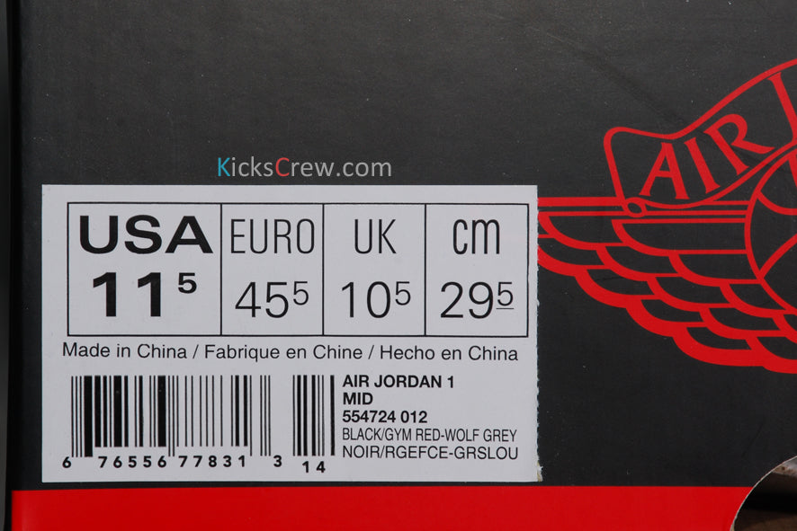 Air Jordan 1 Mid Black Wolf Grey Red 554724-012