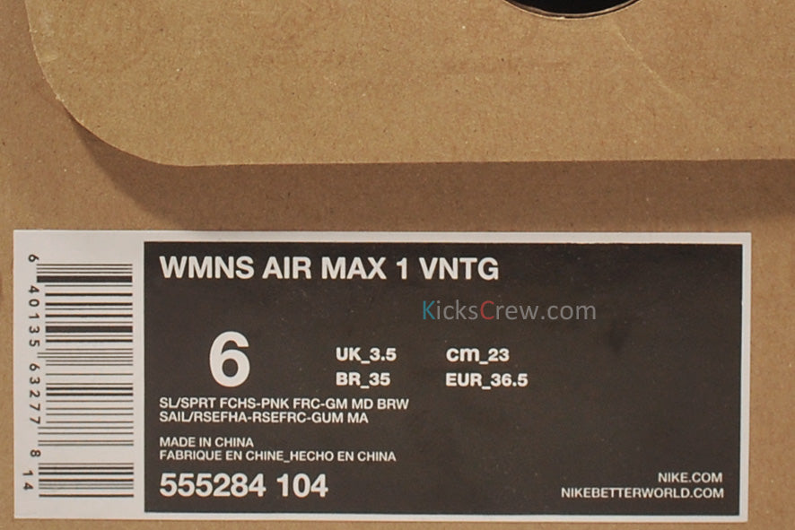 Nike Womens Air Max 1 VNTG Sport Fuchsia Pink Force 555284-104 KICKSOVER