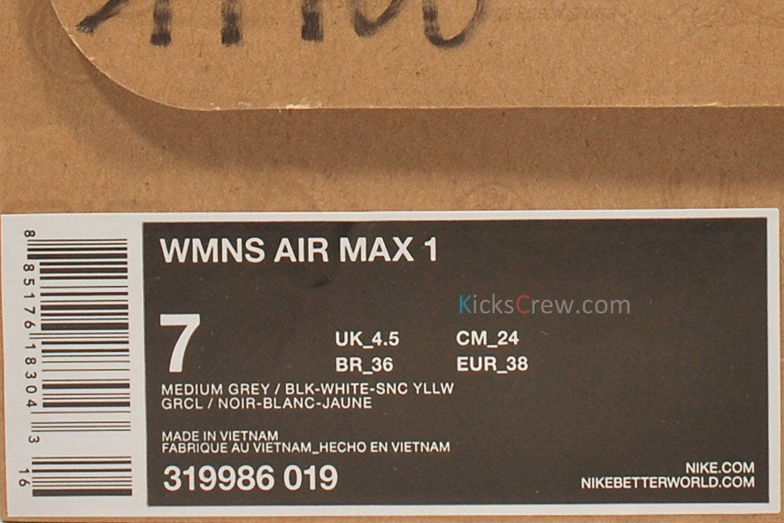 Nike Womens Air Max 1 Medium Grey Sonic Yellow 319986-019 KICKSOVER
