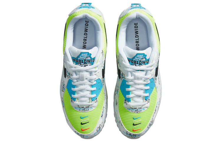 Nike Womens Air Max 90 'Worldwide - Katakana Logo' White/Blue Fury/Black/Volt DA1342-107 KICKSOVER