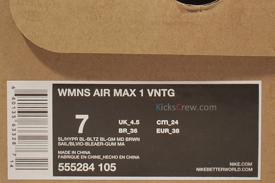 Nike Womens Air Max 1 VNTG Hyper Blue Lightning 555284-105 KICKSOVER