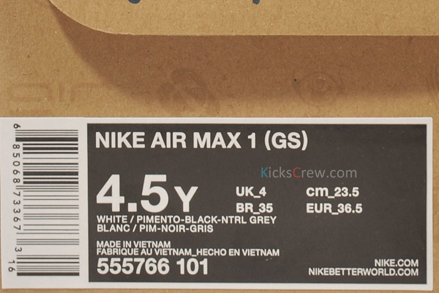 Nike Air Max 1 GS OG Retro - White Pimento Grey 555766-101 KICKSOVER
