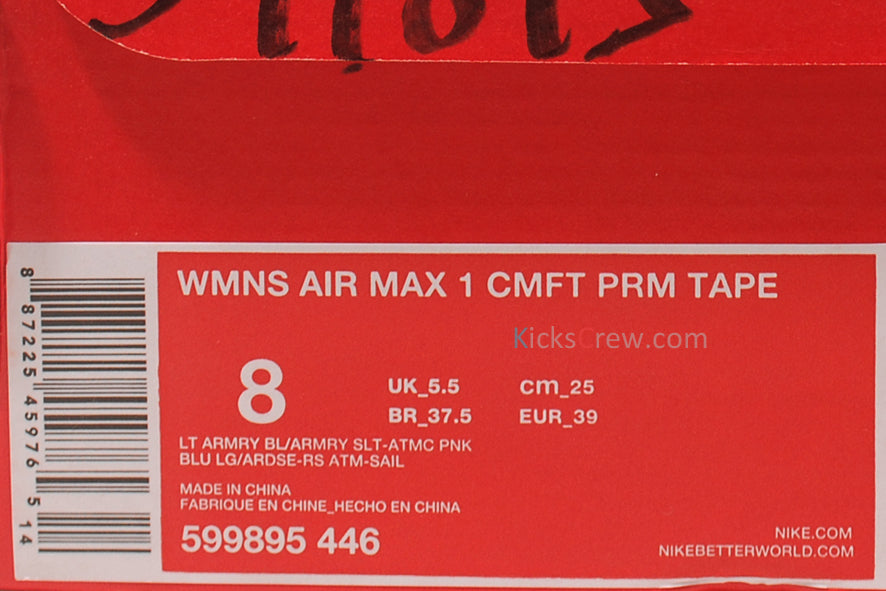 Nike Womens Air Max 1 CMFT PRM Tape Camo - Light Armory Blue Pink Camo - Light Armory Blue Pink 599895-446 KICKSOVER