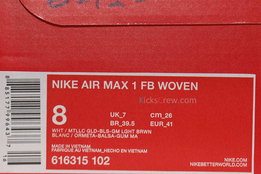 Nike Air Max 1 FB Woven White Metallic Gold 616315-102 KICKSOVER